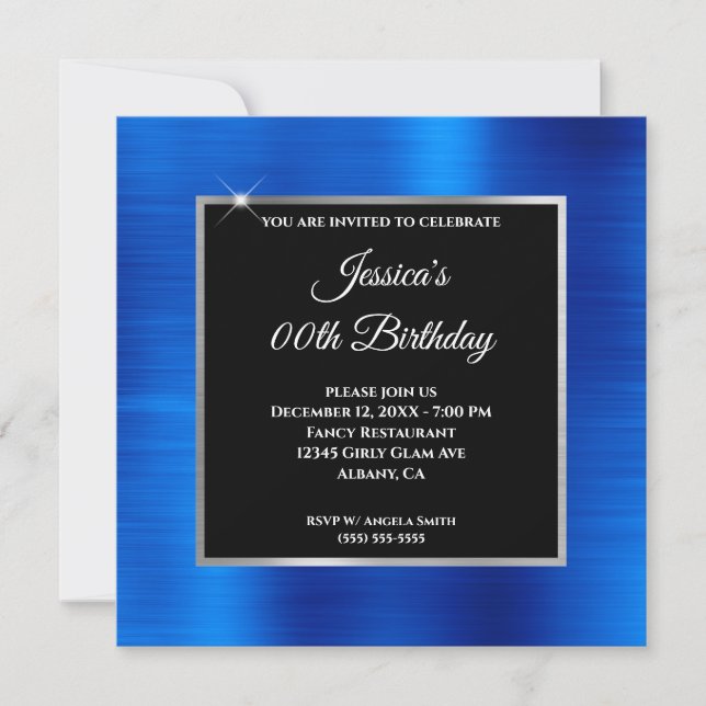 Royal Blue Foil Glam Silver Black Overlay Birthday Invitation (Front)