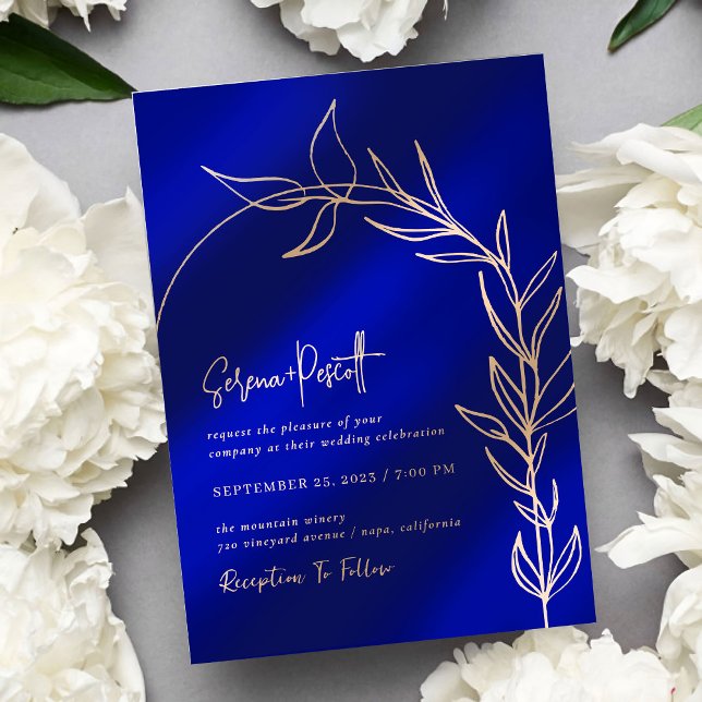 Royal Blue Foliage Arch Wedding Invitation (Creator Uploaded)