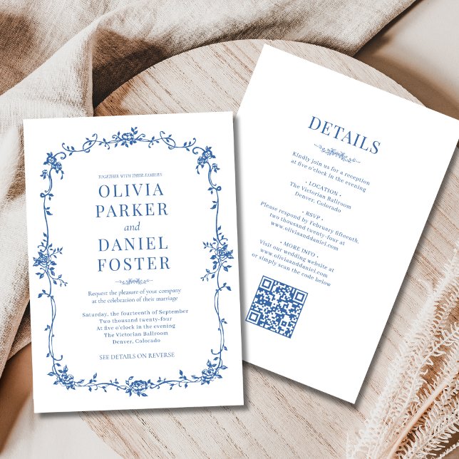 Royal Blue French All in One Victorian Wedding  Invitation (Creator Uploaded)