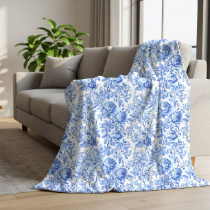 Royal Blue French Toile Roses Floral Blanket
