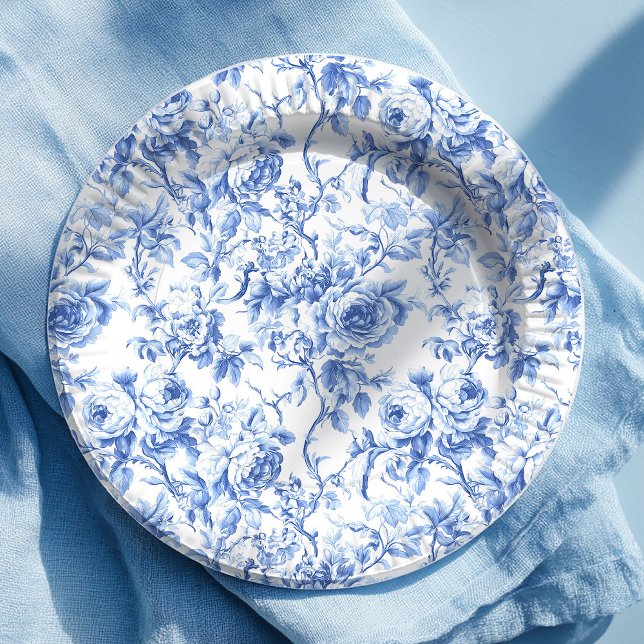 Royal Blue French Toile Roses Floral Paper Plates (Royal Blue French Toile Roses Floral Paper Plates)