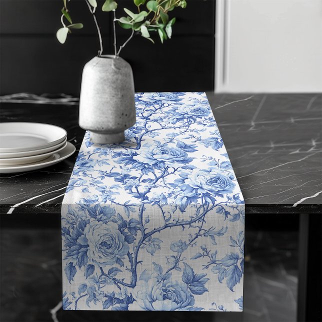 Royal Blue French Toile Roses Floral Table Runner (Royal Blue French Toile Roses Floral Table Runner)