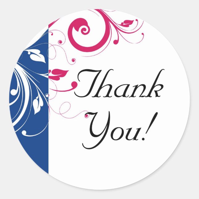 Royal Blue/Fuchsia Swirl Thank You Classic Round Sticker (Front)