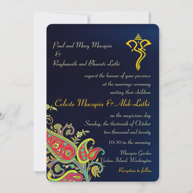 Royal Blue Ganesh Floral Paisley Hindu Wedding Invitation (Front)