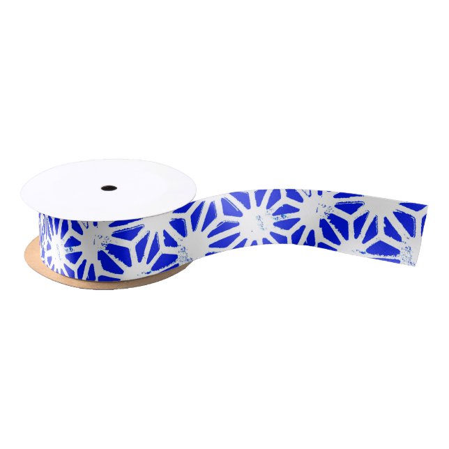 Royal blue geometric pattern satin ribbon (Spool)