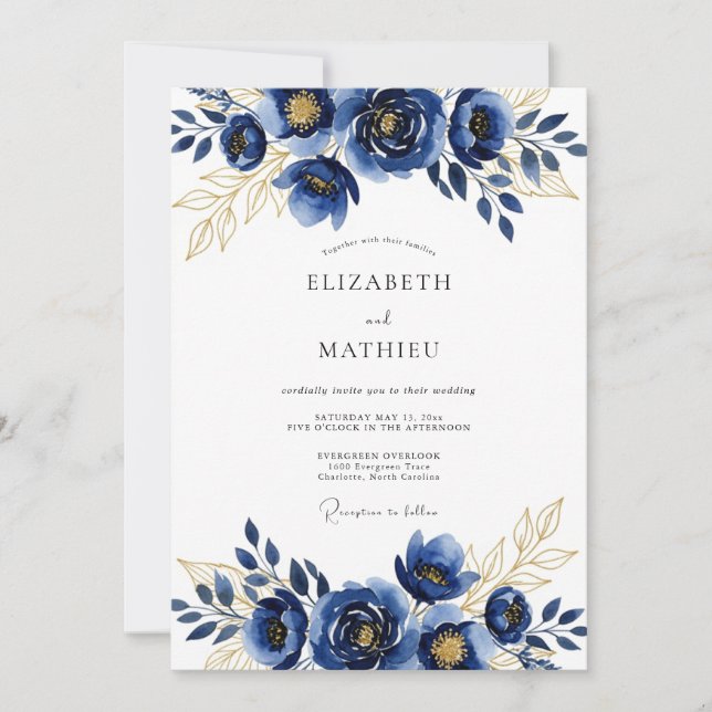 Royal Blue Gilded Winter Wedding Invitation (Front)