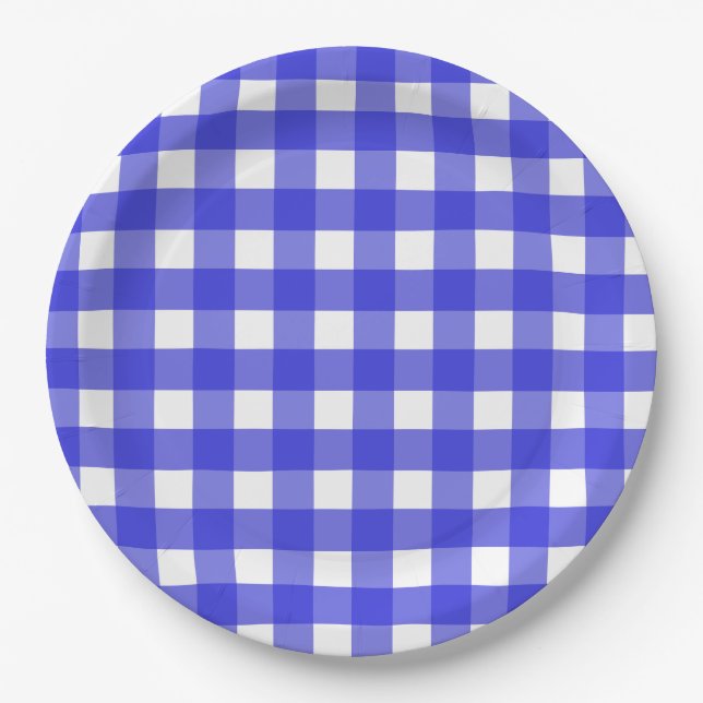 Royal blue gingham paper plate (Front)