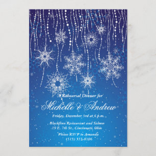 Royal Blue Glam Snowflakes Winter Dinner Party Invitation