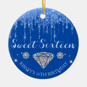 Royal Blue Glitter Drip Diamond Sweet Sixteen Ceramic Ornament