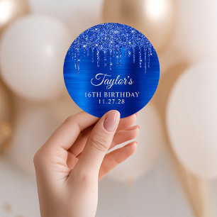 Royal Blue Glitter Drips 16th Birthday Classic Round Sticker