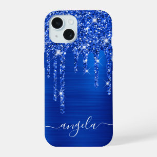 Royal Blue Glitter Drips Glam Girly Signature iPhone 15 Case
