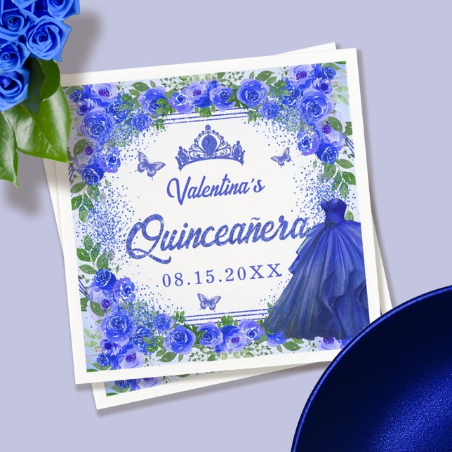 Royal Blue Glitter Floral Quinceanera Party Napkin (Creator Uploaded)