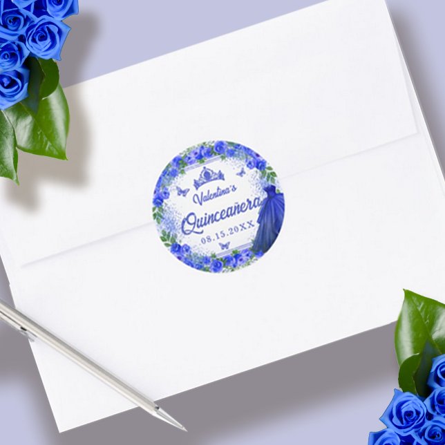 Royal Blue Glitter Floral Sparkle Quinceanera Classic Round Sticker (Blue Glitter Floral Sparkle Quinceanera Classic Round Sticker)