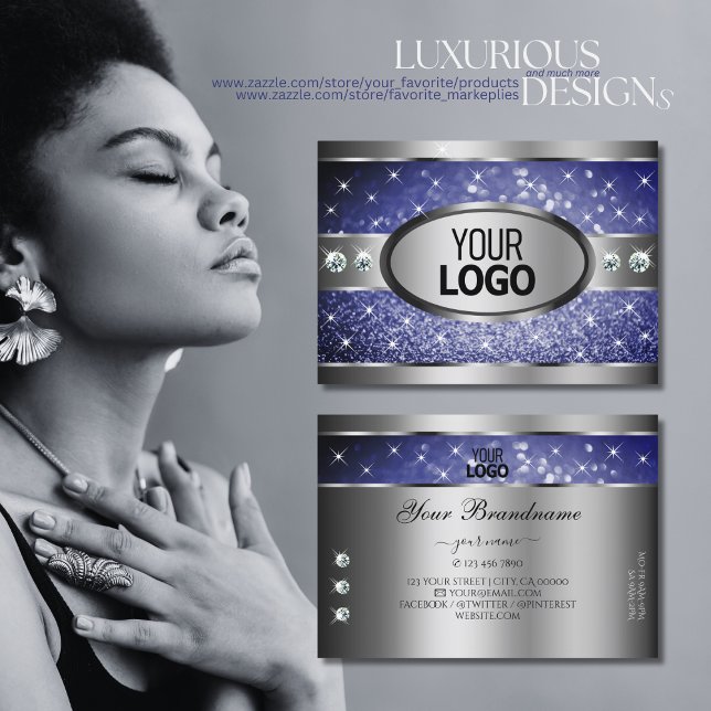 Royal Blue Glitter Sparkle Stars Diamonds and Logo Business Card (Creator Uploaded)