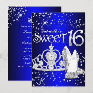 Royal Blue Glitter Tiara & Heels Sweet 16 Invite
