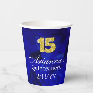 Royal Blue, Gold 15 and Tiara Quinceanera Paper Cups