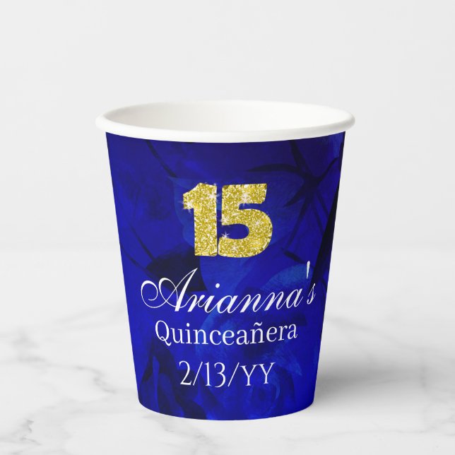 Royal Blue, Gold 15 and Tiara Quinceanera Paper Cups (Front)