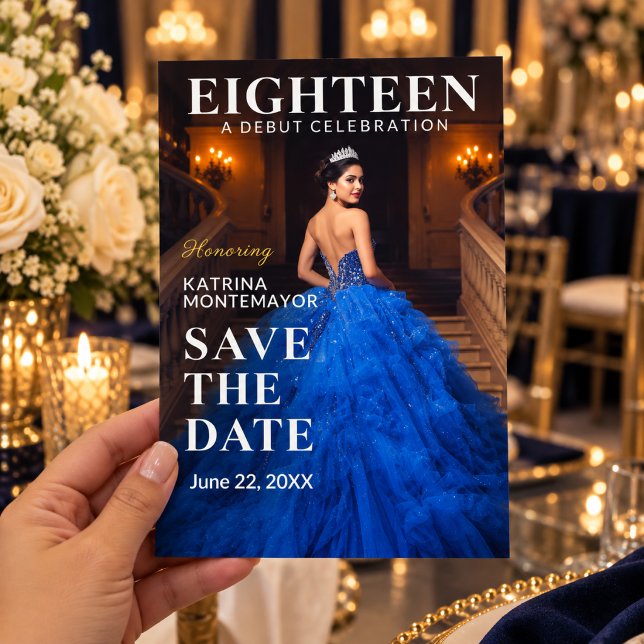 Royal Blue Gold 18th Birthday Save the Date (Elegant 18th birthday save the date invitation shown in hand)