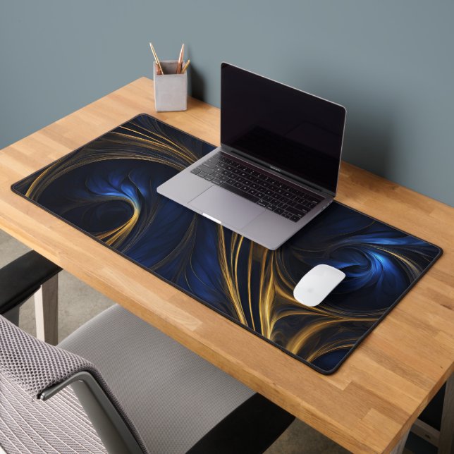 Royal Blue Gold Abstract Swirl Desk Mat (Office 2)