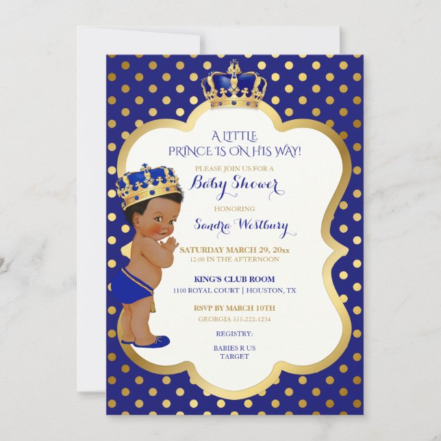Royal Blue & Gold African American Prince Crown Invitation (Front)