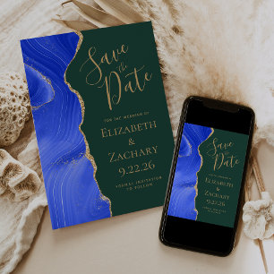Royal Blue Gold Agate Emerald Green Save the Date Invitation