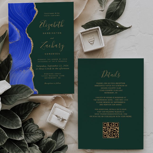 Royal Blue Gold Agate Emerald QR Code Wedding Invitation (Creator Uploaded)