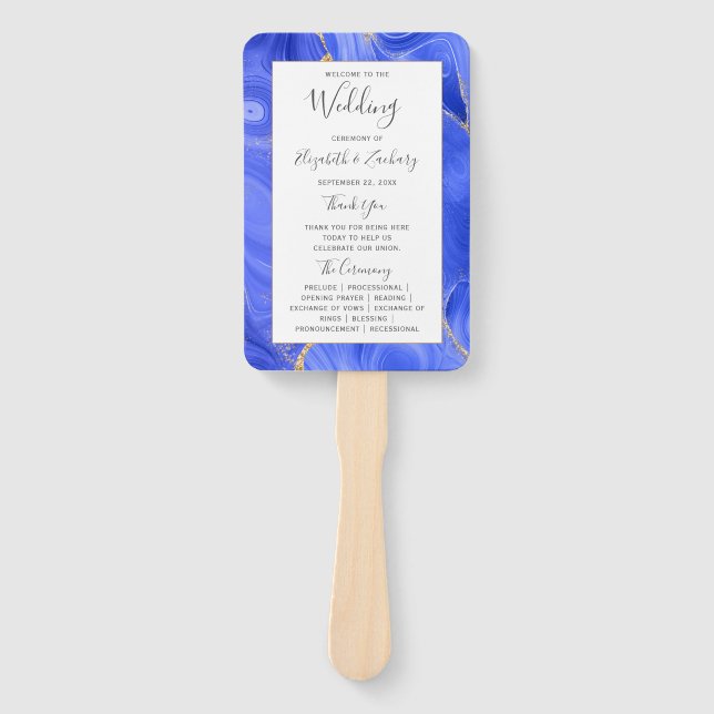 Royal Blue Gold Agate Wedding Program Hand Fan (Front)