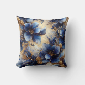 Royal Blue + Gold Alcohol Ink Floral Throw Pillow
