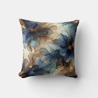 Royal Blue + Gold Alcohol Ink Floral Throw Pillow
