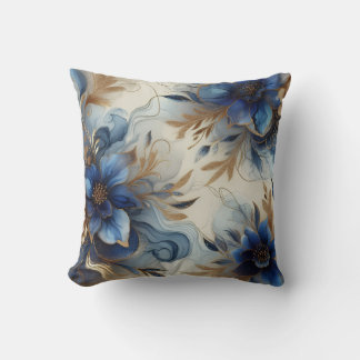 Royal Blue + Gold Alcohol Ink Floral Throw Pillow