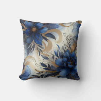 Royal Blue + Gold Alcohol Ink Floral Throw Pillow