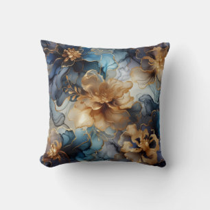 Royal Blue + Gold Alcohol Ink Floral Throw Pillow