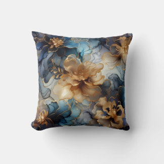 Royal Blue + Gold Alcohol Ink Floral Throw Pillow