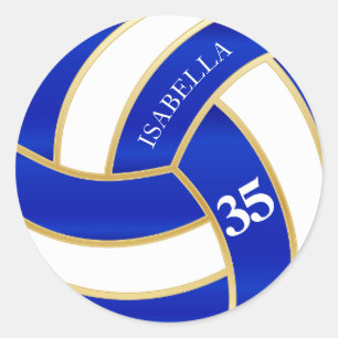 Royal Blue, Gold and White Volleyball- Personalise Classic Round Sticker