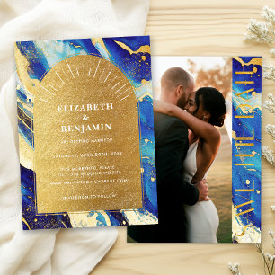 Royal Blue Gold Arch Wedding Photo Save the Date