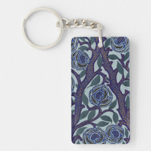 Royal Blue & Gold Art Deco Rose Floral Decor Key Ring