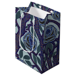 Royal Blue & Gold Art Deco Rose Floral Decor Medium Gift Bag
