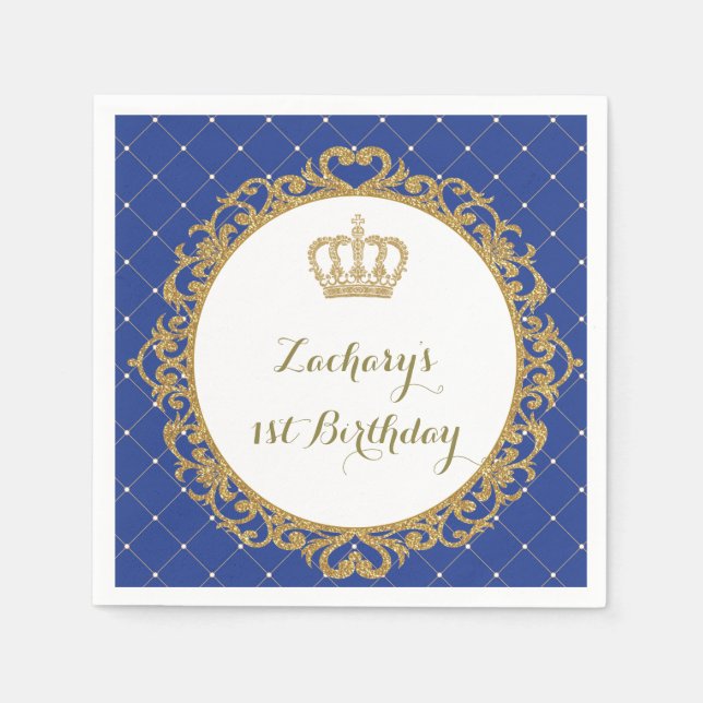 Royal Blue Gold Baby Prince Birthday Paper Napkin (Front)