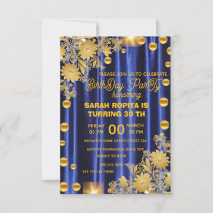 Royal Blue Gold Birthday Party Invitation, Womans Save The Date