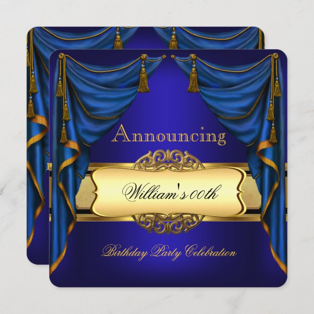 Royal Blue Gold Birthday Party Men's Women's 2 Invitation (Front/Back)