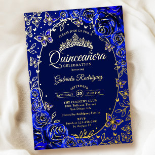 Royal Blue Gold Butterflies Roses Quinceanera