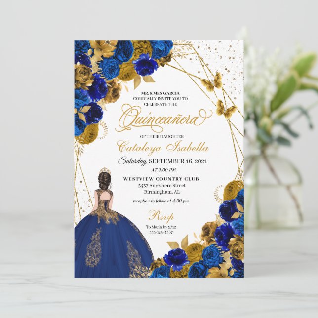 Royal Blue Gold Butterfly Princess Quinceanera Invitation (Standing Front)