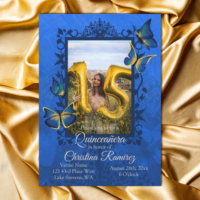 Royal Blue, Gold Butterfly Quinceanera Invitation (fancy gold and royal blue quinceanera invitation, script writing english wording ornate vines leaves)