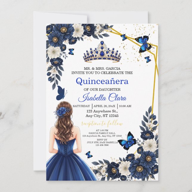 Royal Blue Gold Butterfly Quinceañera Invite (Front)