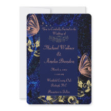 Royal Blue Gold Butterfly Wedding Round Invitation