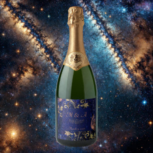 Royal Blue Gold Butterfly Wedding Sparkling Wine Label