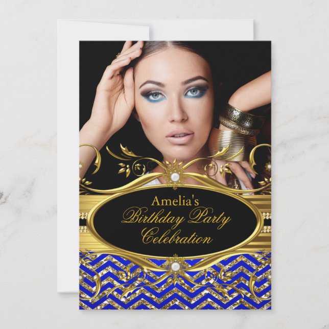 Royal Blue & gold Chevron Diamond Photo Birthday Invitation (Front)