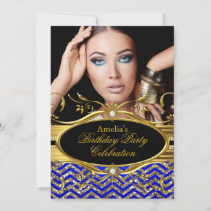 Royal Blue & gold Chevron Diamond Photo Birthday Invitation