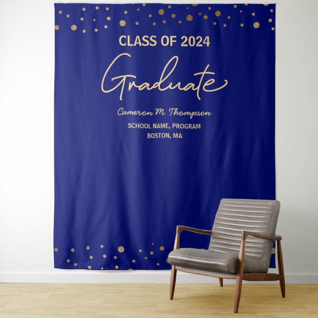 Royal blue Gold Class of 2024 backdrop graduation Tapestry (In Situ)