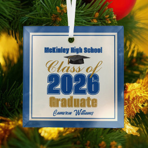 Royal Blue Gold Class of 2026 Graduation Christmas Glass Tree Decoration
